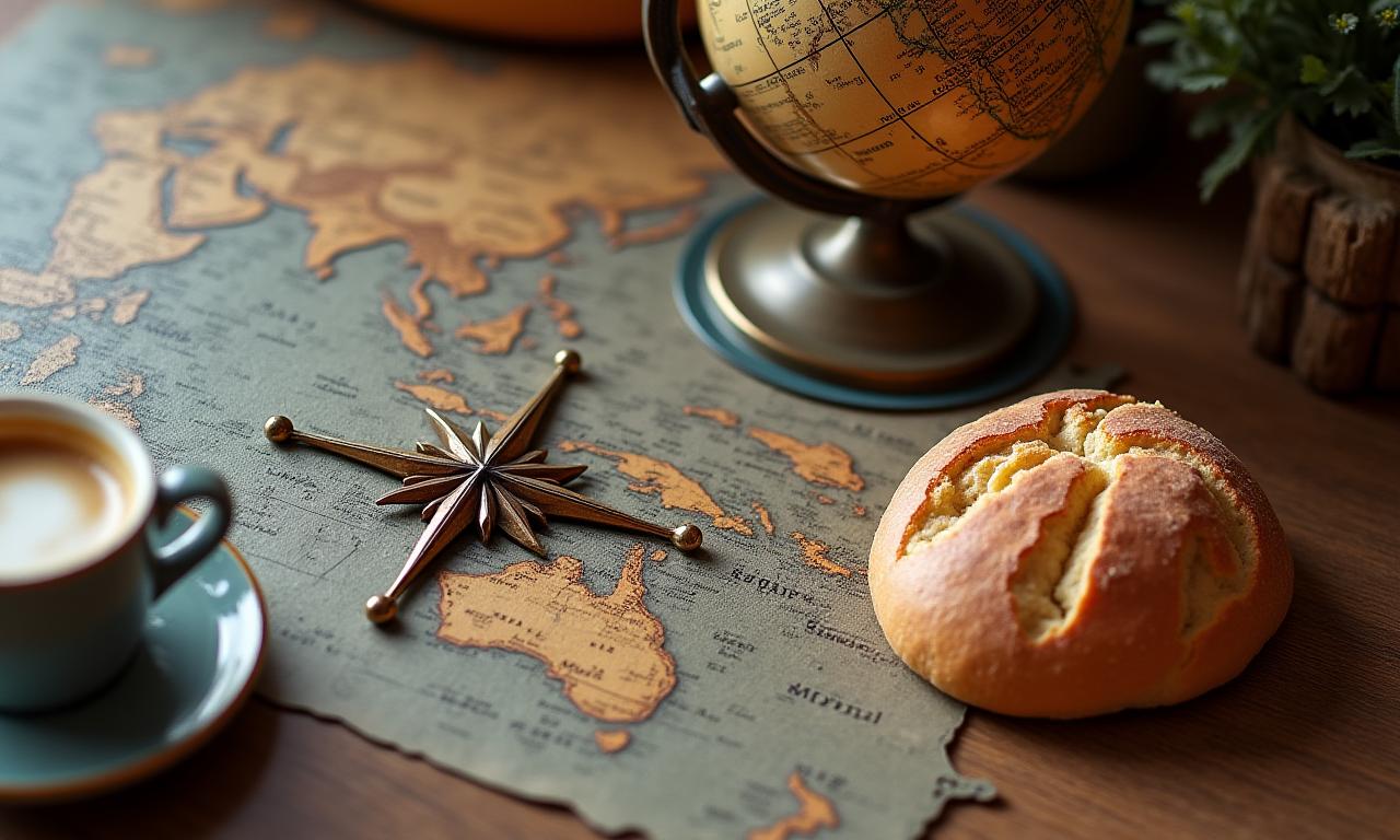 店内を飾るアンティークな地図や羅針盤の装飾